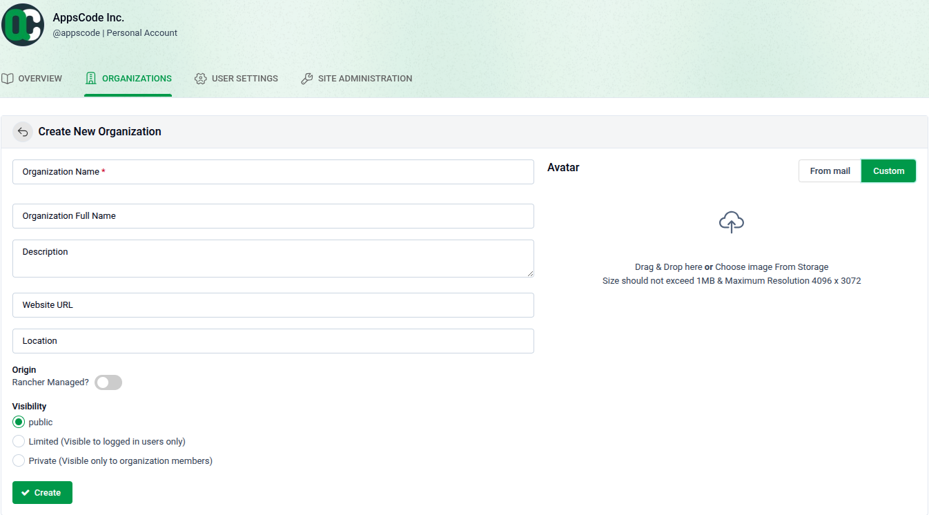 Create New Organization
