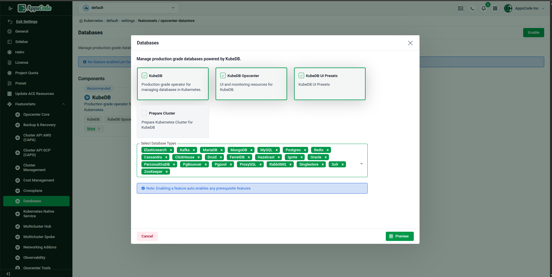 Databases Enable modal — KubeDB component checkboxes and database type multi-select
