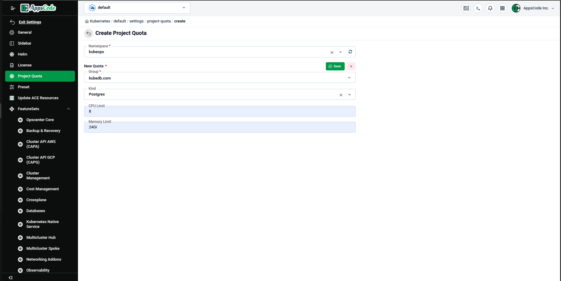 Quota form fully filled in: Group = kubedb.com, Kind = Postgres, CPU Limit = 8, Memory Limit = 24Gi