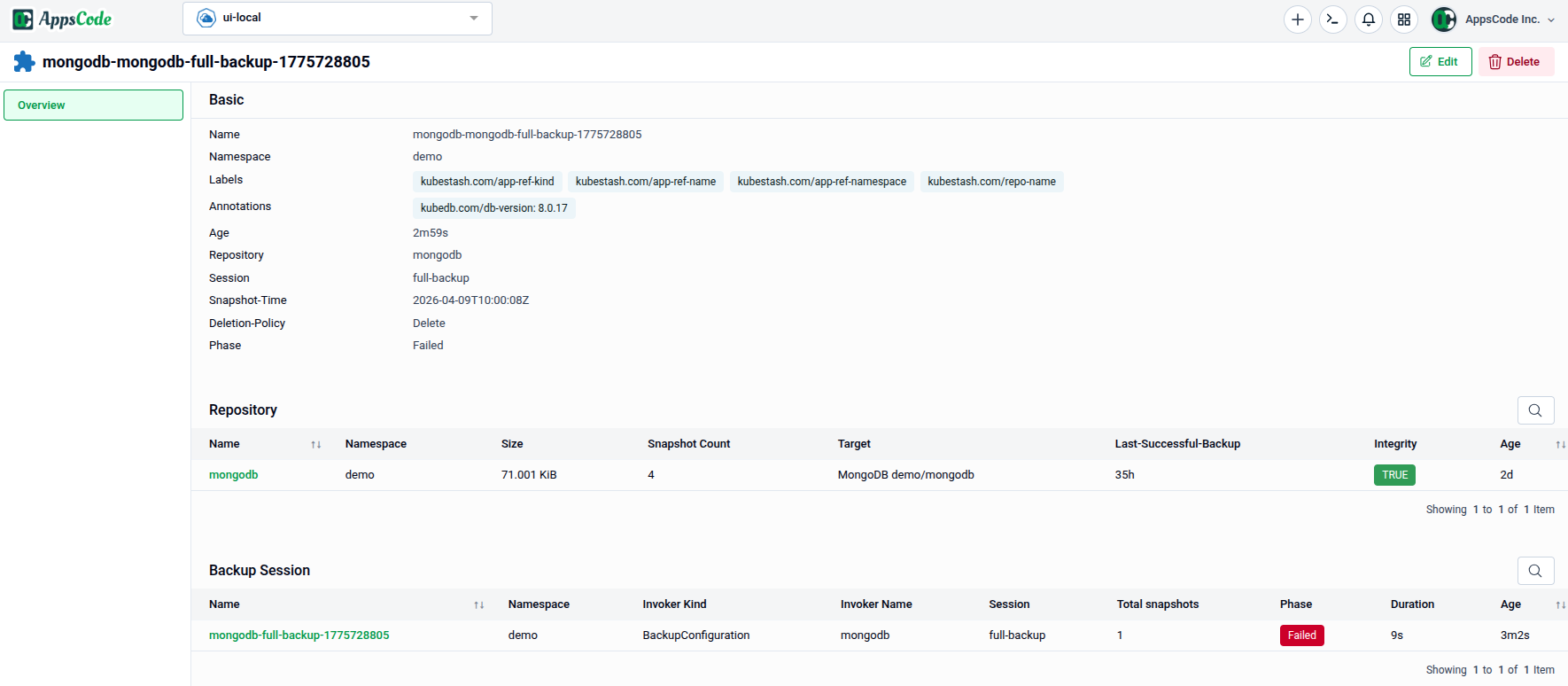 Snapshot detail page showing Basic info, Repository reference, and Invoker information