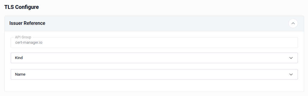 TLS Configure form filled with Operation set to Update and Issuer Reference expanded showing ClusterIssuer ace-incluster